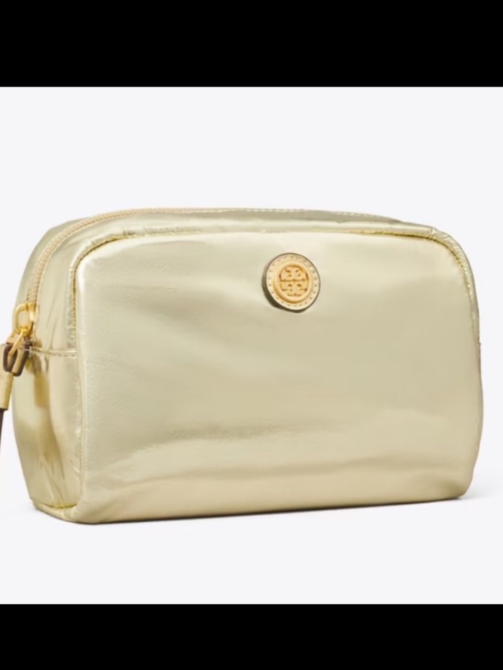 NWT! Tory Burch Metallic Pale Gold Logo Cosmetic Case